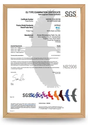 Certificado de examen de tipo UE para transmisor de nivel de radar de 80GHz